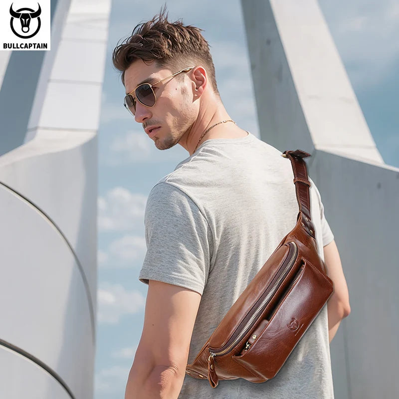 BULLCAPTAIN Men's Genuine Leather Waist Bag Casual Retro Mountaineering Bag Multifunctional Latch Lock Crossbody Chest Bag