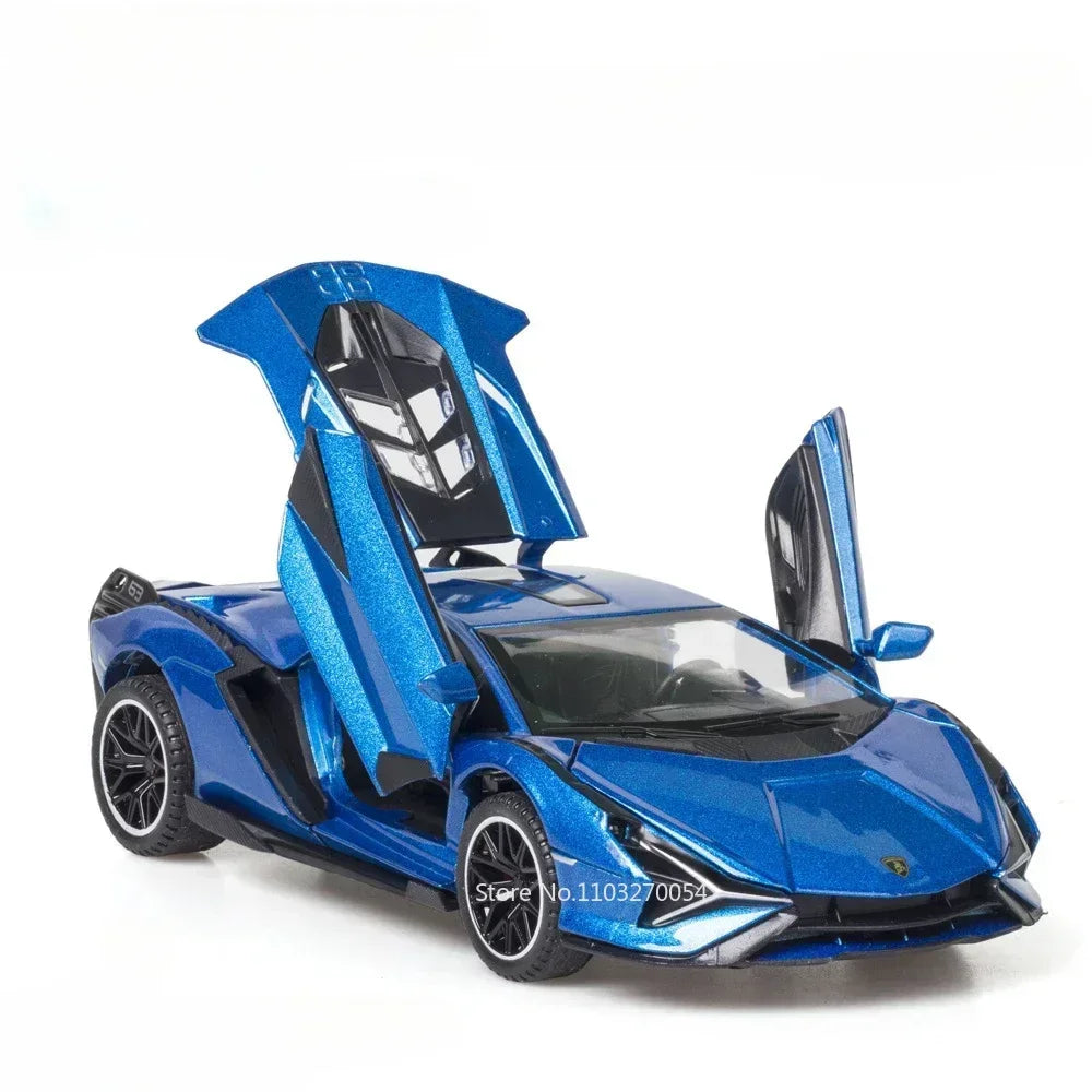 1/32 LP740 Sian Toys Model Car Diecast Alloy Sports Car Metal Body Rubber Tire Doors Opened Sound Light Pull Back Toy Kid Gifts