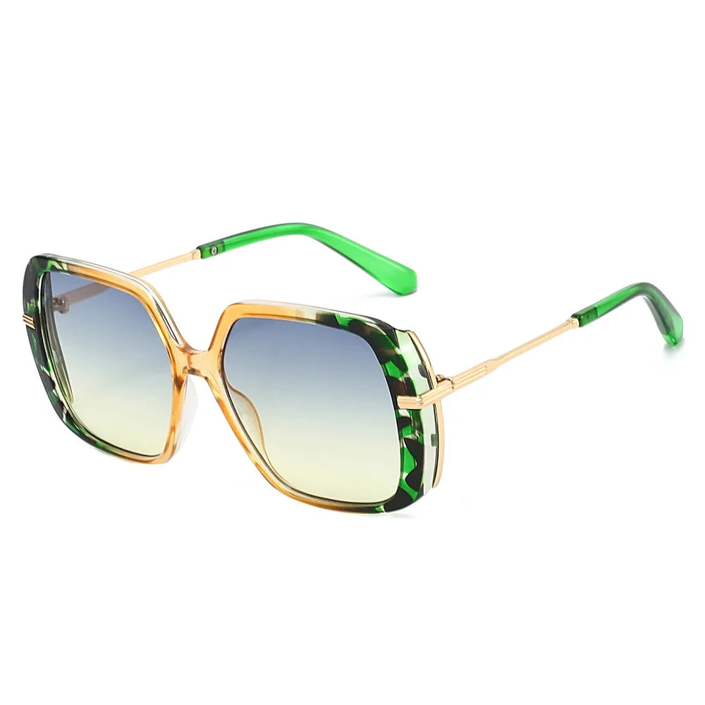 JNPCXI Retro Square Rivets Men Sunglasses Gradient Shades UV400 Fashion Green Leopard Women Clear Lens Frame