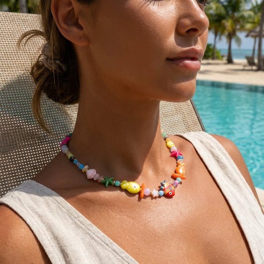 Resort Colorful Fish Starfish Shell Chip Stone Pendant Necklace for Women Beach Boho Ocean Layered Dainty Chain Jewelry Gift