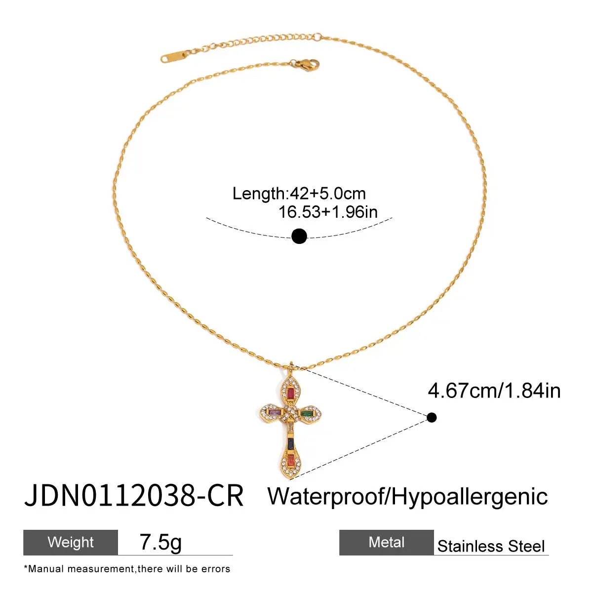 Uworld Retro Zircon Cross Pendant Necklace 18K Gold Color Plated Stainless Steel Colorful Zircon Cross Pendant Necklace Women's
