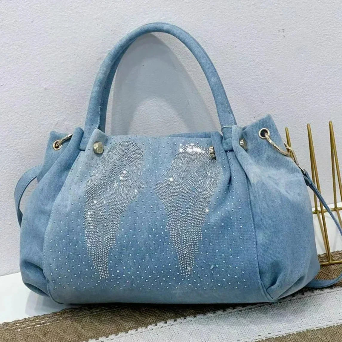 Fashion Denim Women Handbag Crystal Diamond Casual Jeans Tote Bag Shoulder Bag