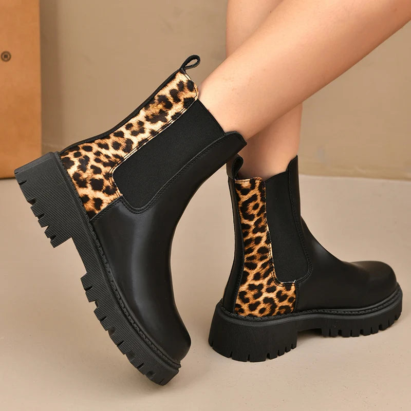 Fashion Leopard Print Platform Chelsea Boots Women Slip On Plus Size Thick Sole Ankle Boots Woman Pu Leather Short Booties Mujer