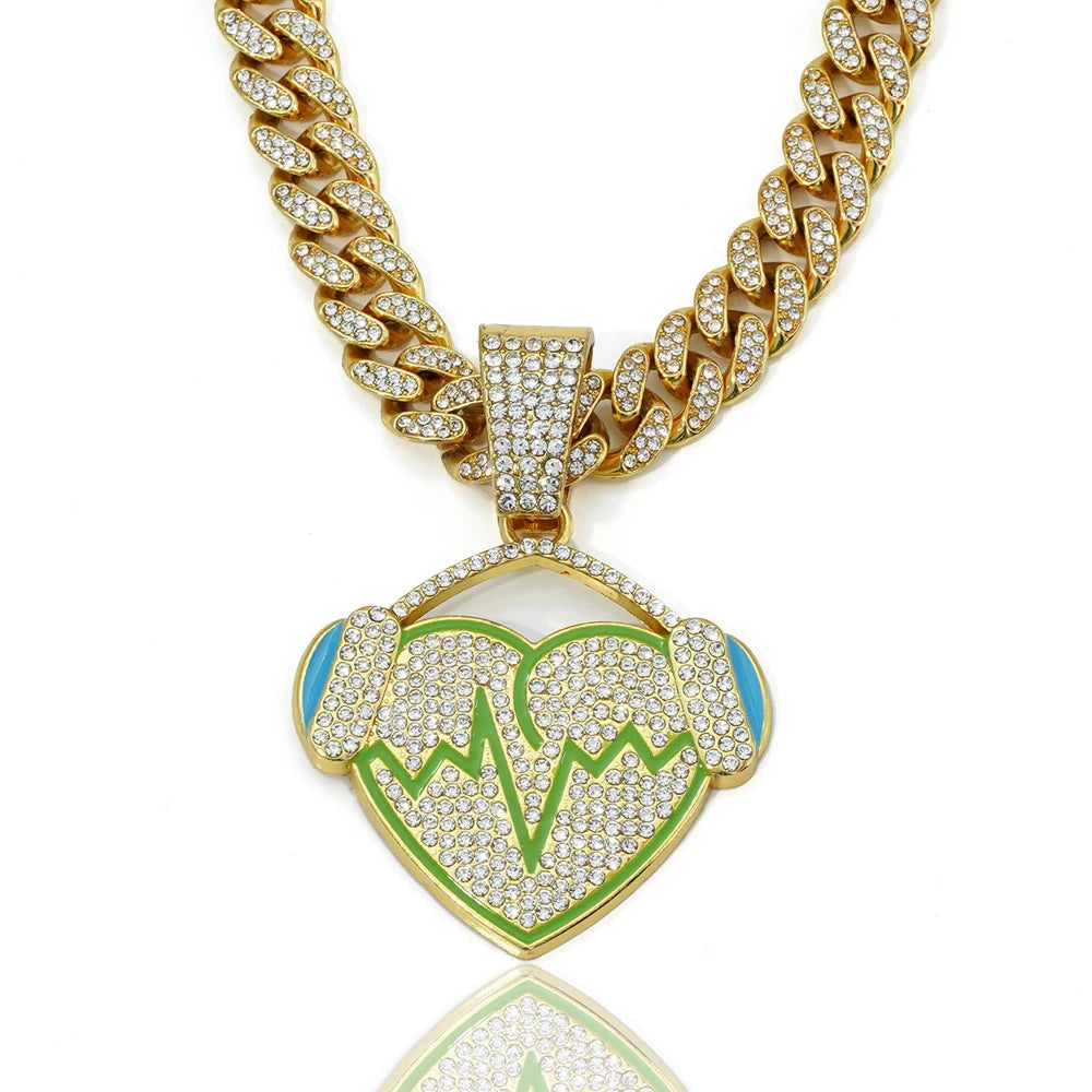 Hip Hop Full Rhinestones Cuban Chain Bling Iced Out Heart with Headphones Pendant Necklaces for Men Rapper Jewelry Drop Shipping