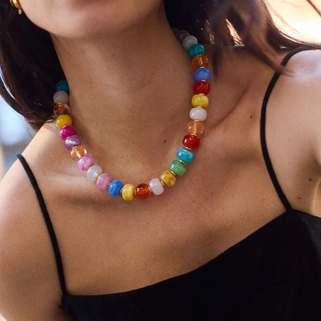 Chunky Dopamine Colorful Resin Bead Necklace for Women Y2K Aesthetic Rainbow Candy Pendant Necklace Statement Jewelry