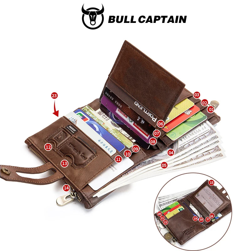 BULLCAPTAIN Genuine Leather RFID Men Wallet Credit Business Card Holders Double Zipper Cowhide Leather Wallet Purse Carteira 021