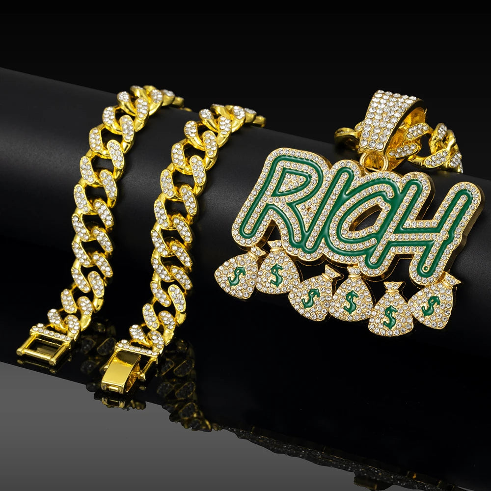 Hip Hop Men Women Become Rich Money Bag Pendant Necklace，With 13mm Miami Cuban Link Chain Necklaces Trendy Dollar Sign Neck Wear