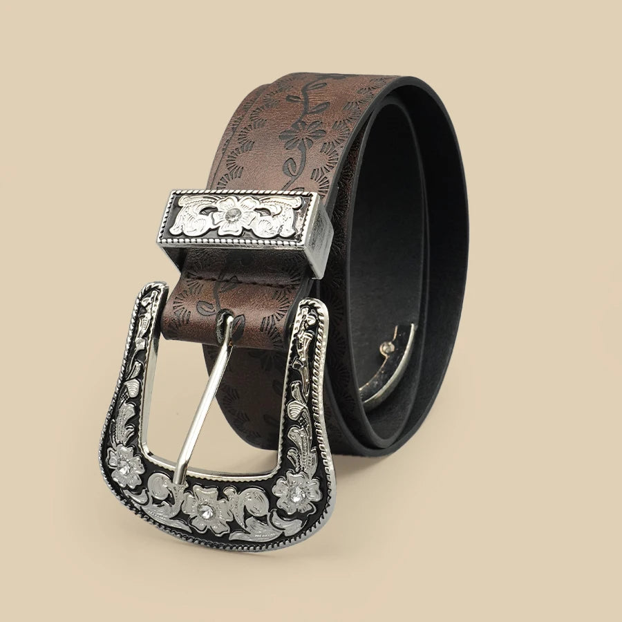 Vintage Carved Buckle Belt for Women Men - Brown Textured Floral Print Western Style Fashion Versatile Waistband Belt
