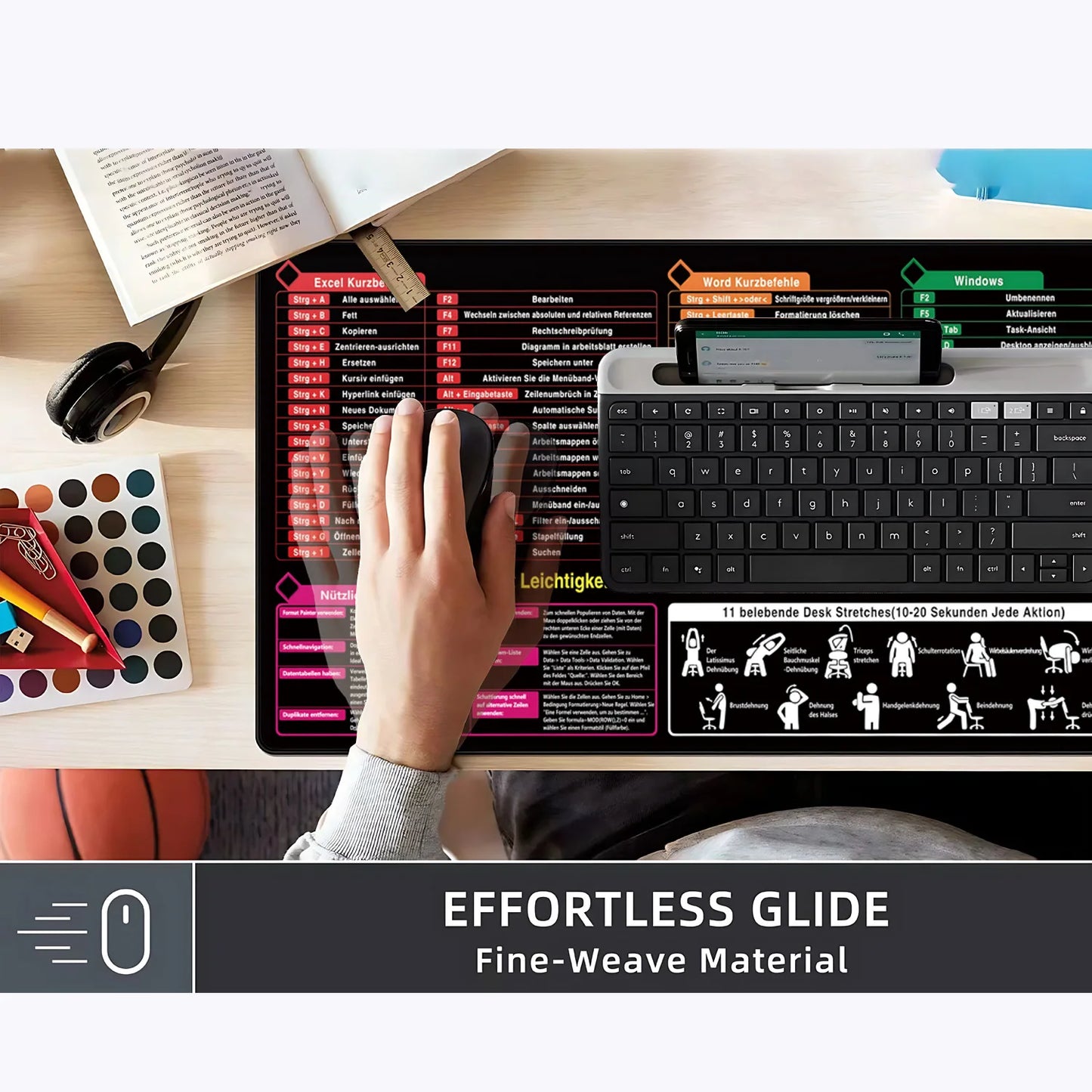 German Excel/Word/Windows/PPT Cheat Sheet Mouse pad, Computer Keyboard Pad for Office Workers Students Office Desk Mat