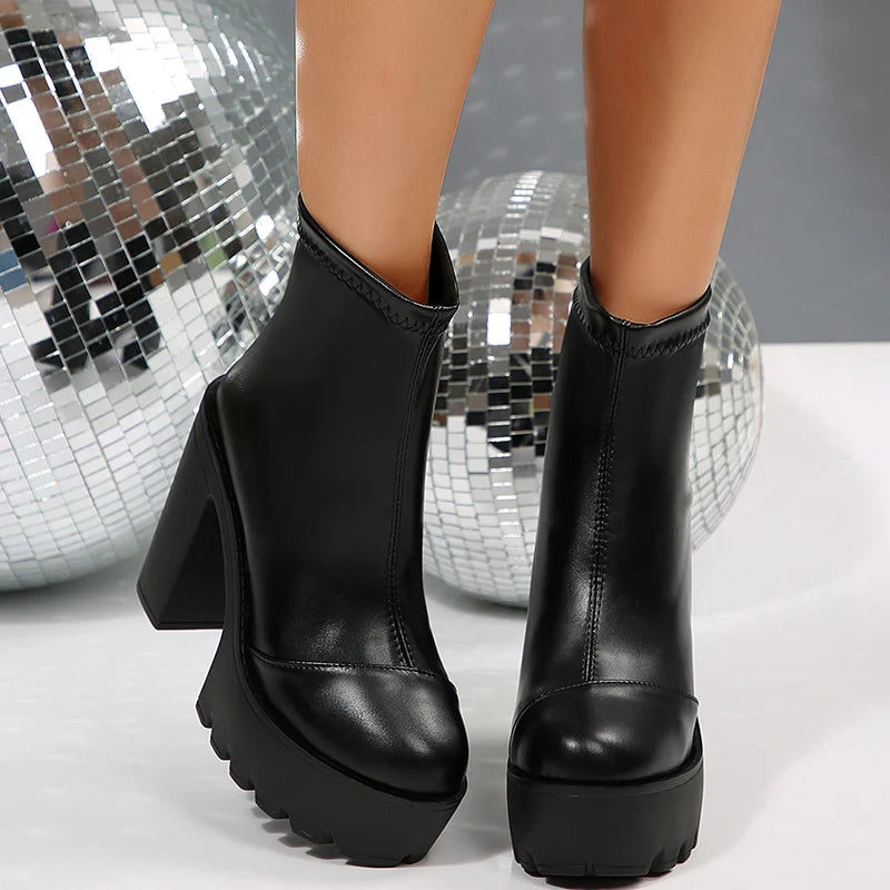 Chunky High Heels Ankle Boots Women Fashion Punk Thick Heel Black Short Booties Mujer Back Zipper Pu Leather Goth Boots Female