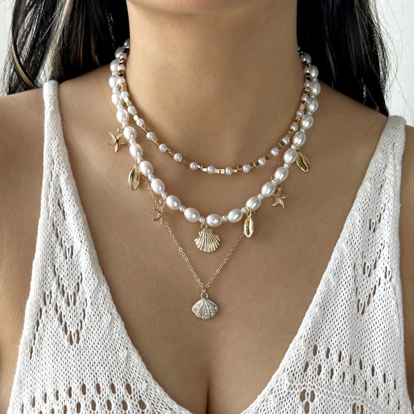 Layered Simulated Pearl Starfish Shell Necklace Summer Beach Boho Choker Jewelry For Women