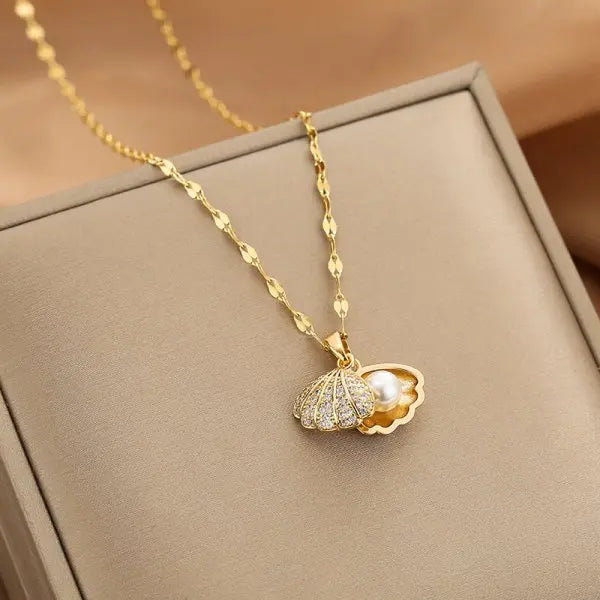 Stainless Steel Shell Pearl Pendant Necklace for Women 2025 Trend Luxury Crystal Zircon Necklaces Fashion Jewelry Birthday Gift