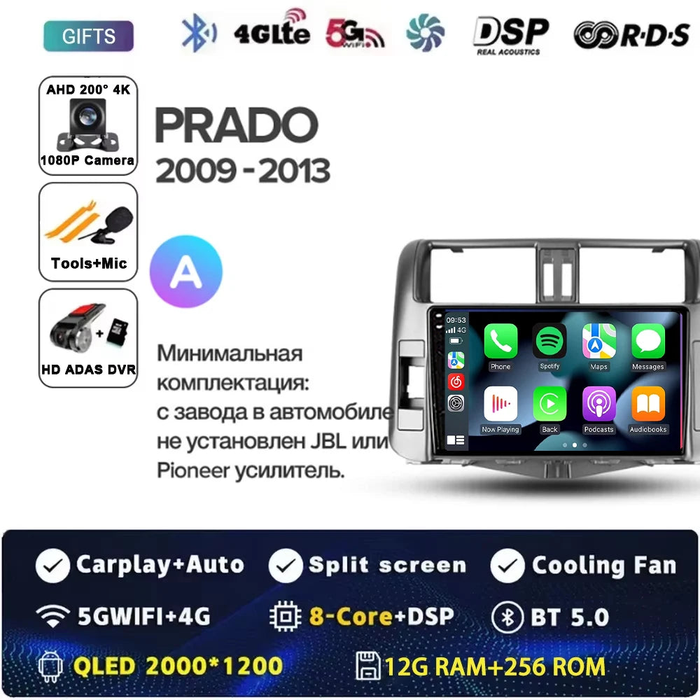 Android 15 Car Radio for Toyota Land Cruiser Prado 150 2009-2013 with GPS Navigation QLED Carplay Auto Multimedia Stereo BT