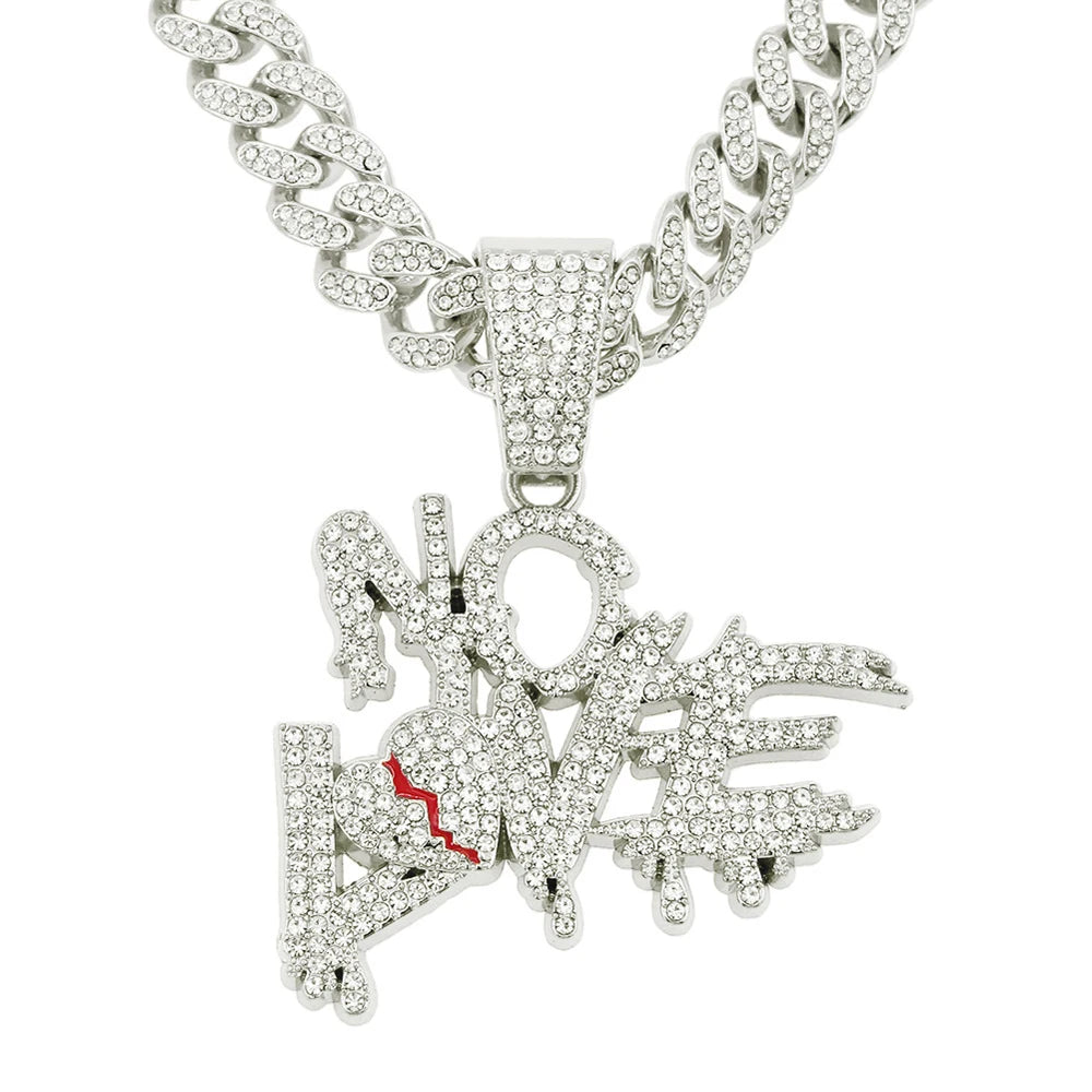 Hip Hop Iced Out Bling Crystal Cuban Chains NO LOVE Necklace Pendants For Men and Women Heart Broke Statement Necklaces Jewelry