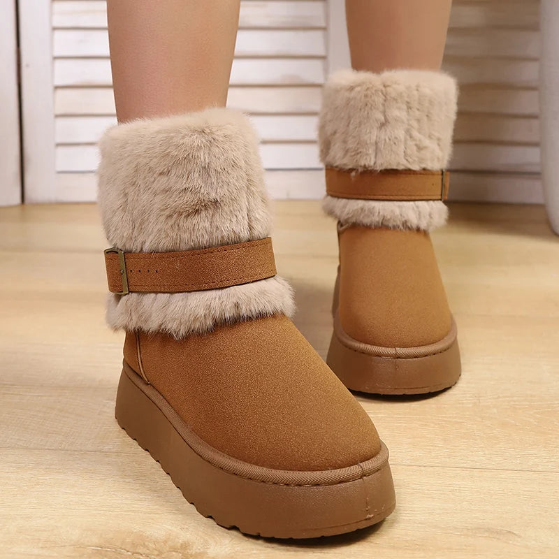 Fluffy Fur Non Slip Snow Boots Women Fashion Buckle Thick Bottom Warm Ankle Boots Woman Faux Fur Platform Winter Booties 36-43