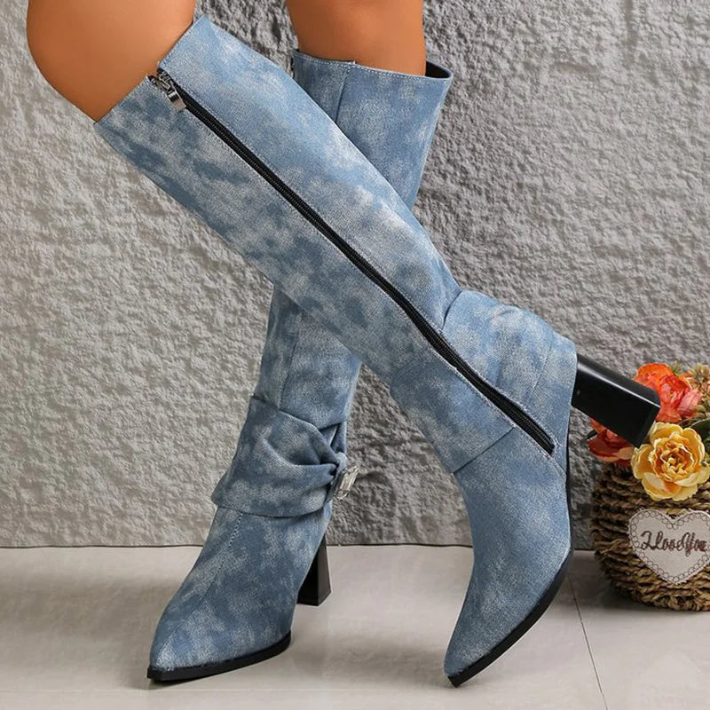 Fashion Super High Heel Boots Women 2025 Vintage Pointed Toe Black Blue Mid Calf Boots Woman Rhinestone Detor Botas Lady