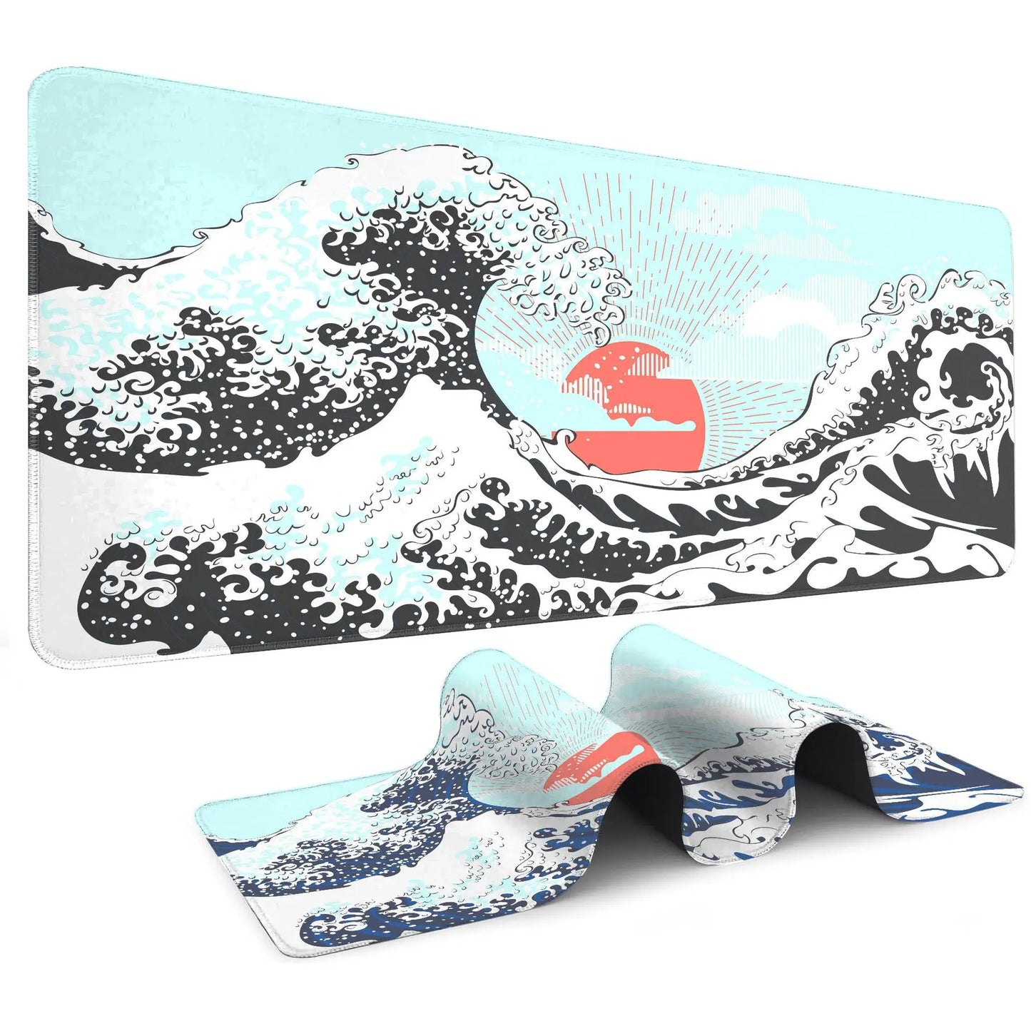 Japanese Sea Wave Large Mouse Pad, Anime Black Gaming, Extended Mat Desk Pad, 3mm Thick Long Non-Slip Rubber Base Mice Pad