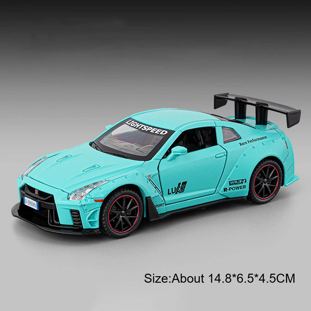 1: 32 GTR Skyline Alloy Diecast Models Toys Cars 4 Doors Opened with Sound Light Pull Back Miniature Sportscar Fashion Ornaments