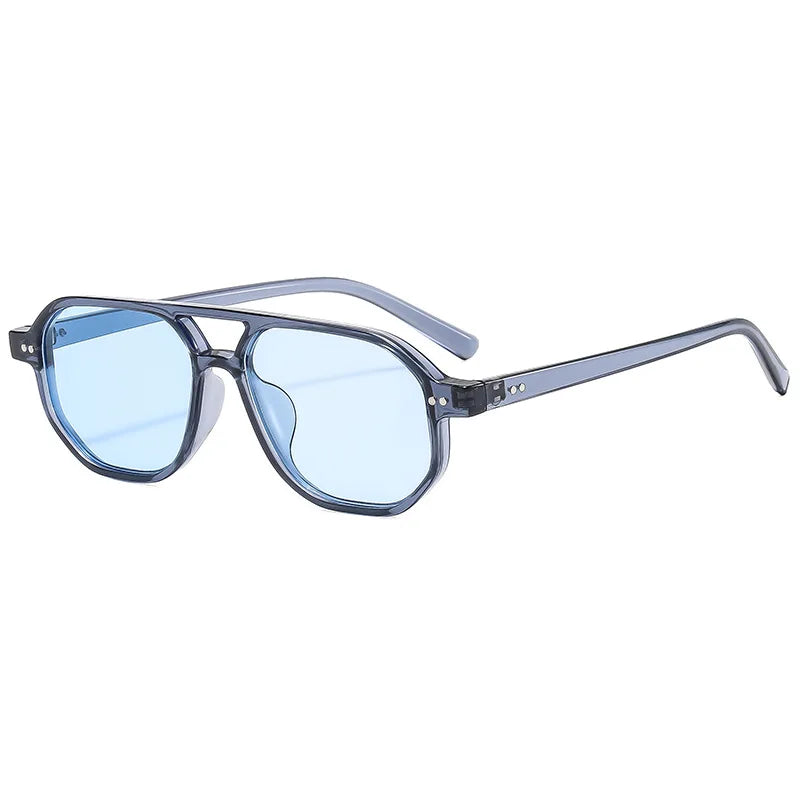 JNPCXI Vintage Double Bridges Polygon Square Men Sunglasses Fashion Green Ocean Lens Eyewear Women Rivets Sun Glasses UV400