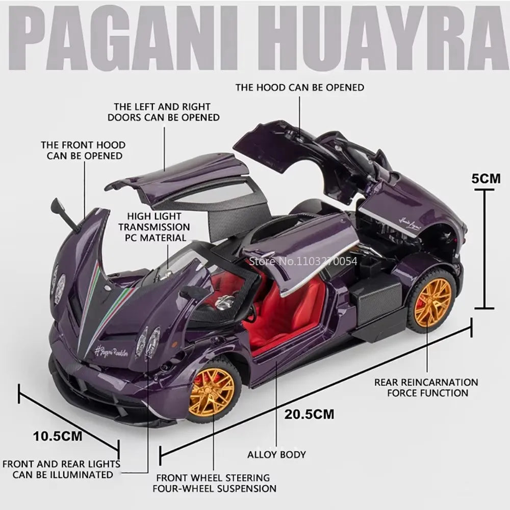 1:24 PAGANI ZONTA HP Huayra Alloy Miniature Car Toy Diecast Model with Sound Light Pull Back Front Wheel Steering Boy Adult Gift