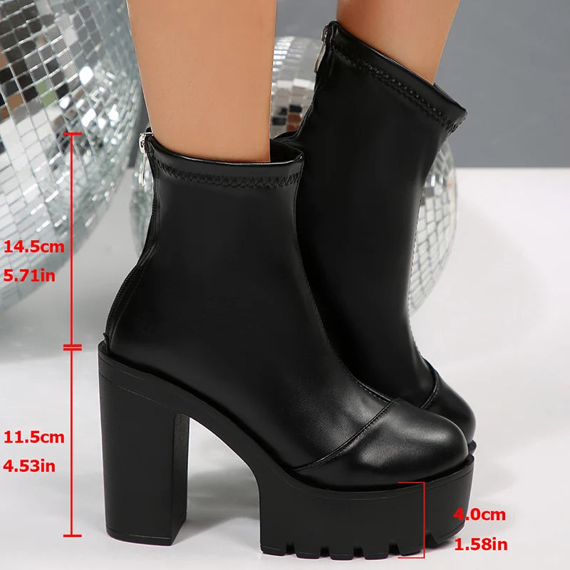 Chunky High Heels Ankle Boots Women Fashion Punk Thick Heel Black Short Booties Mujer Back Zipper Pu Leather Goth Boots Female