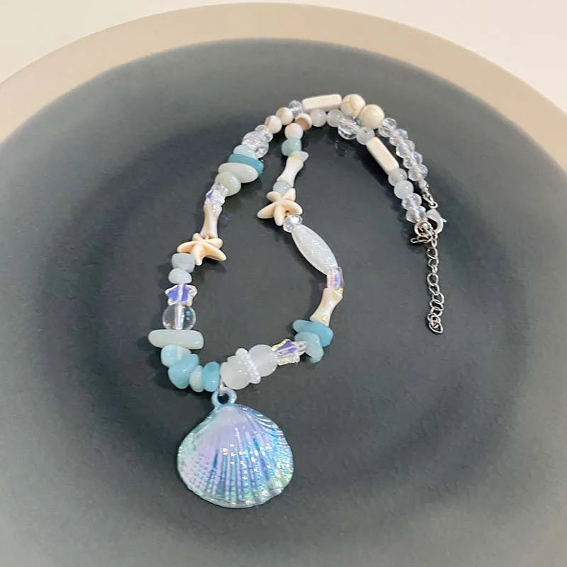 Summer Y2K Cute Shell Starfish Pendant Choker Necklace for Women Elegant Pearl Crystal Beaded Clavicle Chain Party Jewelry Gift
