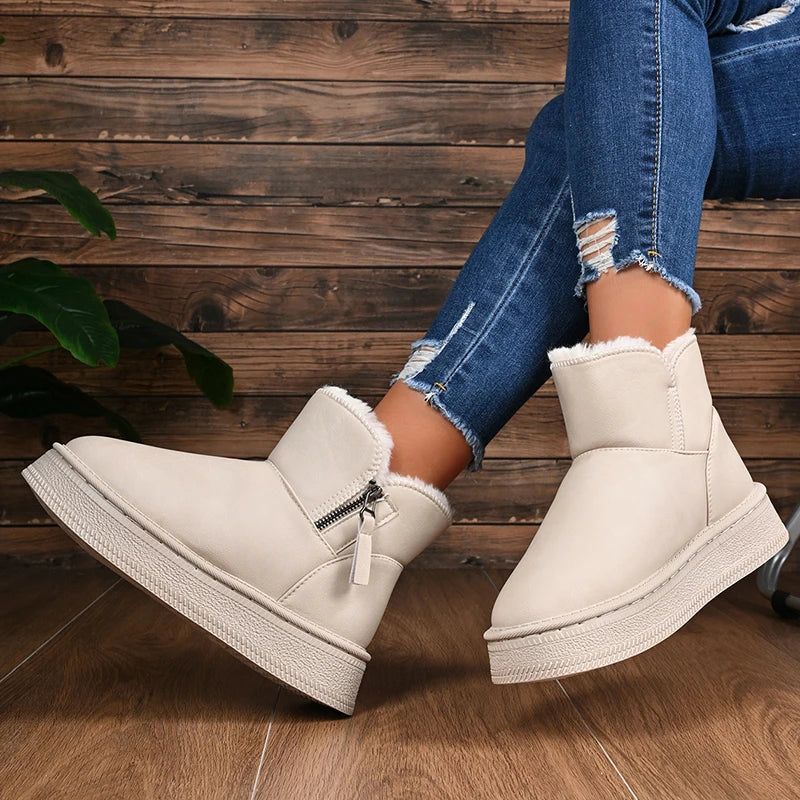 Pu Leather Warm Thicken Plush Snow Boots Women Comfort Thick Sole Non Slip Cotton Padded Shoes Woman Zipper Fluffy Winter Boots