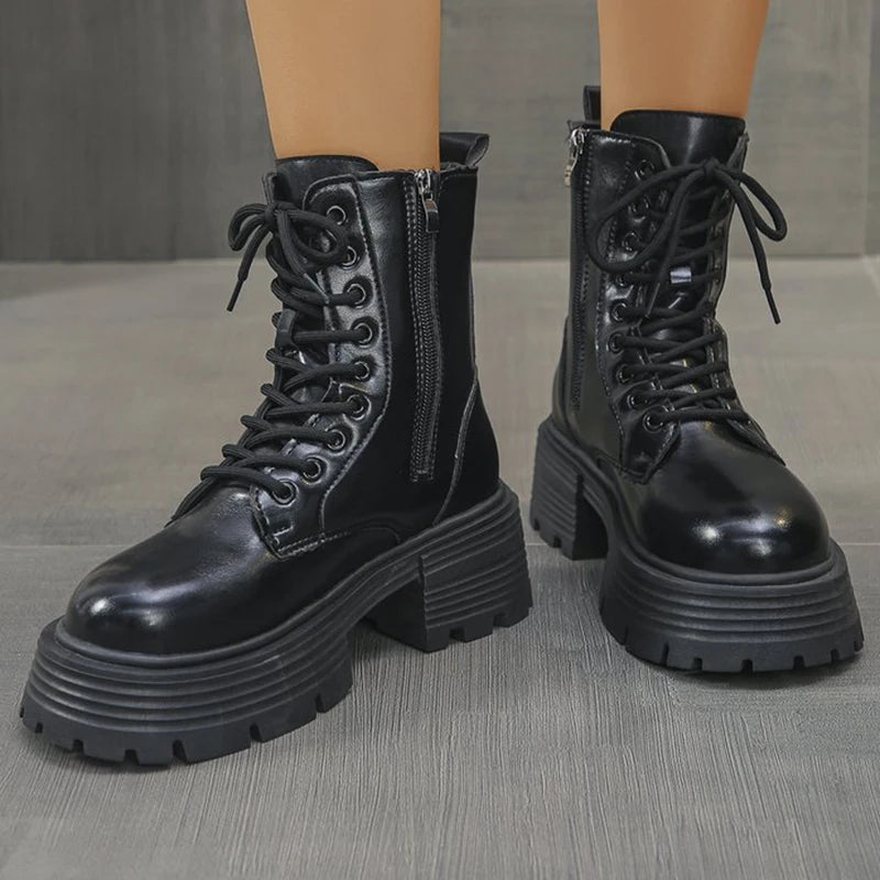 Autumn Winter Black Platform Boots Women Fashion Lace Up Zipper Ankle Boots Woman Punk Thick Heel Pu Leather Botas Mujer
