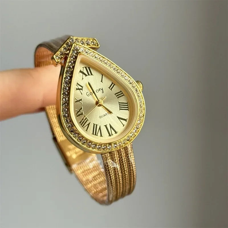 Luxury Gilded Diamond Waterdrop Dial Watch Fashion Women Quartz Watch Roman Scale Watches Wholesale Reloj De Mujer Vintage