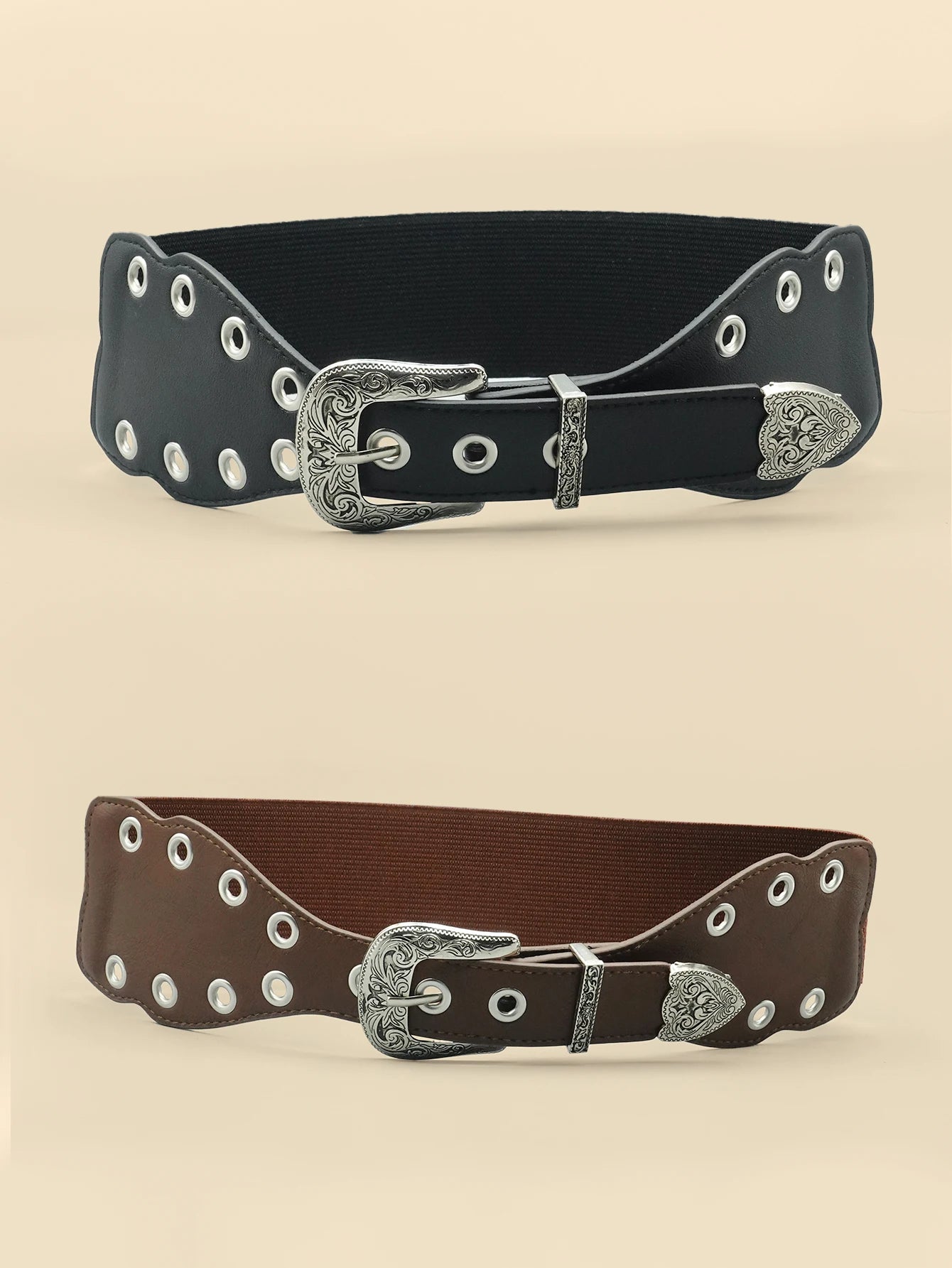 Y2K Style Eyelet Women's Patchwork Belt, Silver Carved Alloy Buckle, Personalized and Fashionable Women's Belt