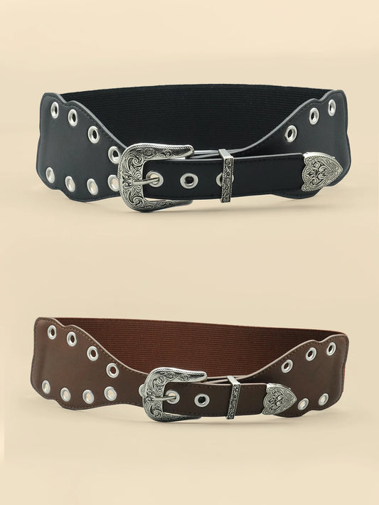 Y2K Style Eyelet Women's Patchwork Belt, Silver Carved Alloy Buckle, Personalized and Fashionable Women's Belt