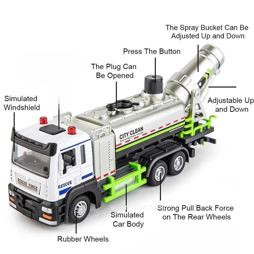 1:32 Vacuum Sweeper Vehicle Urban Anti Haze Truck Alloy Diecast Models Toys Car Rubber Tires Pull Back Vehices Gifts for Friends