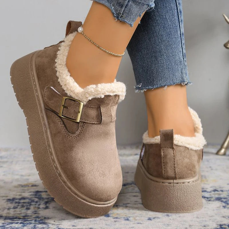 Winter Soft Faux Suede Furry Snow Boots Woman Adjustable Buckle Ankle Boots Women Solid Color Platform Warm Booties Mujer