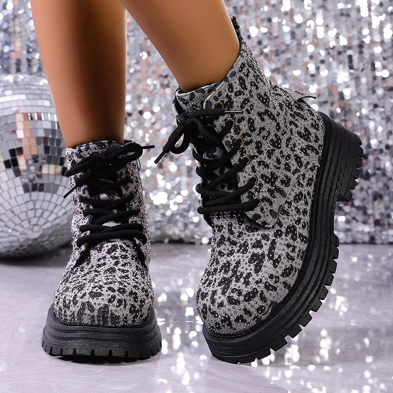 Fashion Leopard Print Platform Ankle Boots Women Lace Up Thick Sole Crystal Short Booties Mujer Round Toe Zipper Modern Boots