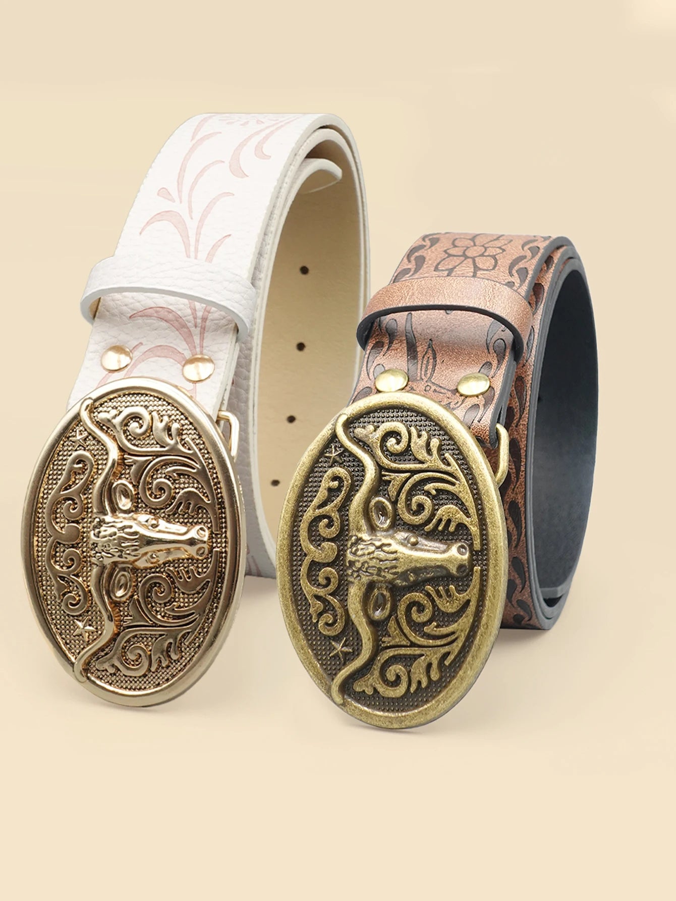 Western Cowboy Style Vintage Casual Belt - Ox Head Carved Buckle & Bohemian Print, Perfect for Daily Commute & Dating Outfits
