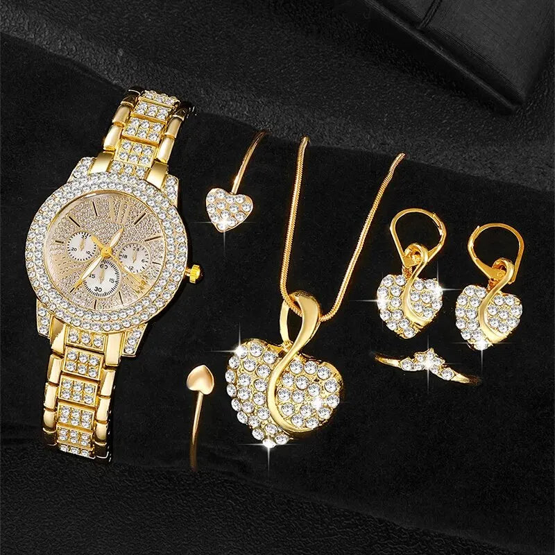 6PCS Women Quartz Watch Gold Luxury Ring Necklace Earring Wristwatch Jewelry Set