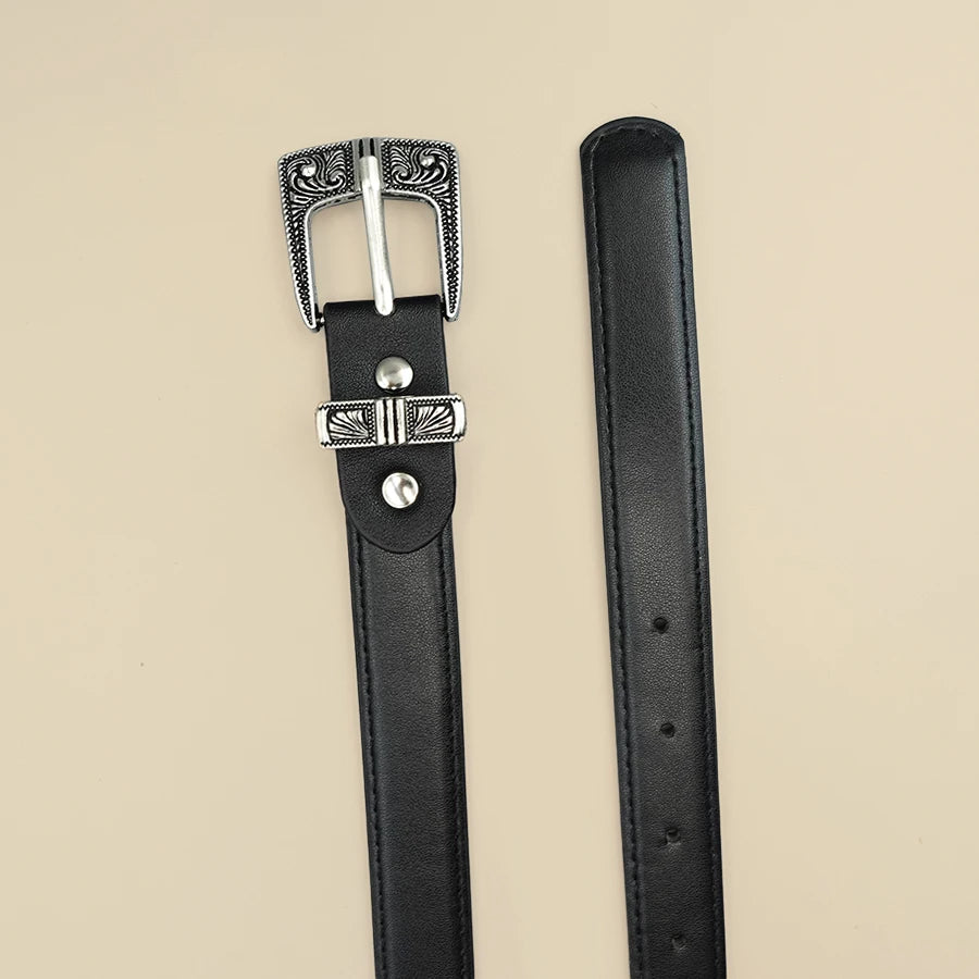 Black Border Women's Belt Solid Color Casual Daily Belt Silver Carved Alloy Buckle Daily Commuting Date Fashion Accessories