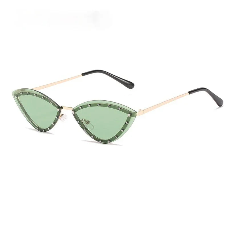 JNPCXI New Triangle Cat Eye Sunglasses Alloy Rimless Crystal Shiny Sun Glasses Female Unique Elegant Green Rhinestone Shades