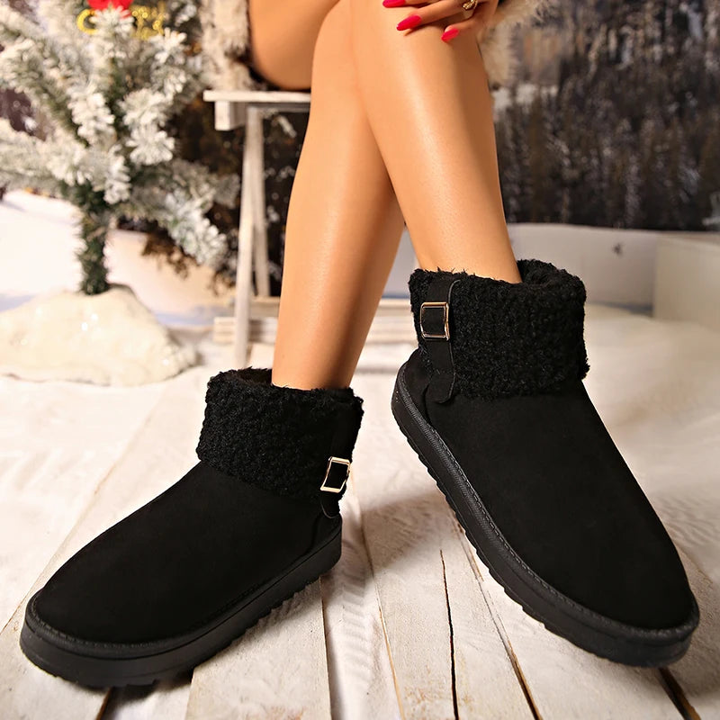 Buckle Decor Women's Platform Snow Boots 2025 Winter Non Slip Warm Plush Ankle Boots Women Comfort Slip On Cotton Shoes Woman