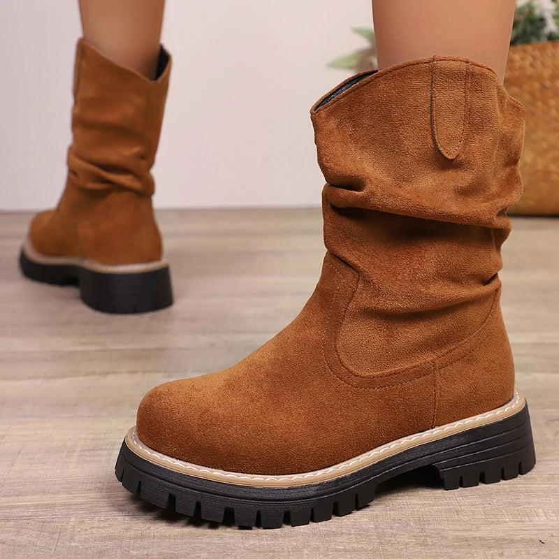 Plus Size 43 Flock Platform Ankle Boots Women Slip On Thick Sole Pleated Short Booties Mujer Anti Slip Autumn Winter Boots