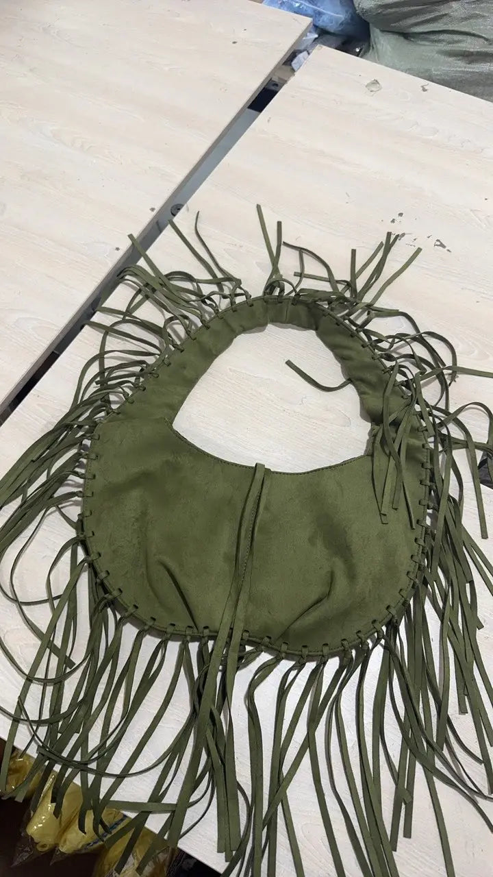 Brown Retro Tassel Women Armpit Bag Suede Design Dumpling Shoulder Bag W.Cowboy