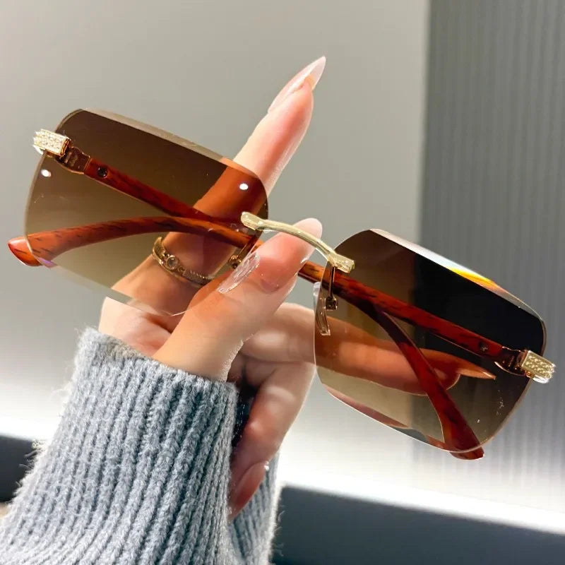 Fashionable Frameless Sunglasses with Ocean Panels, Trimmed Wood Grain, Leg Frames, Retro Men's and Women's Sunglasses