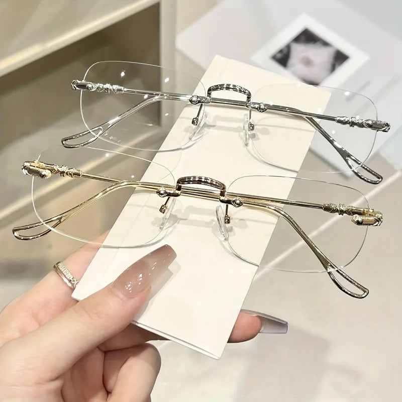 2PCS Transparent Rimless Eyeglasses Women Blue Light Blocking Glasses Designer Retro Shade Eyewear UV400 Silver Computer Glasses