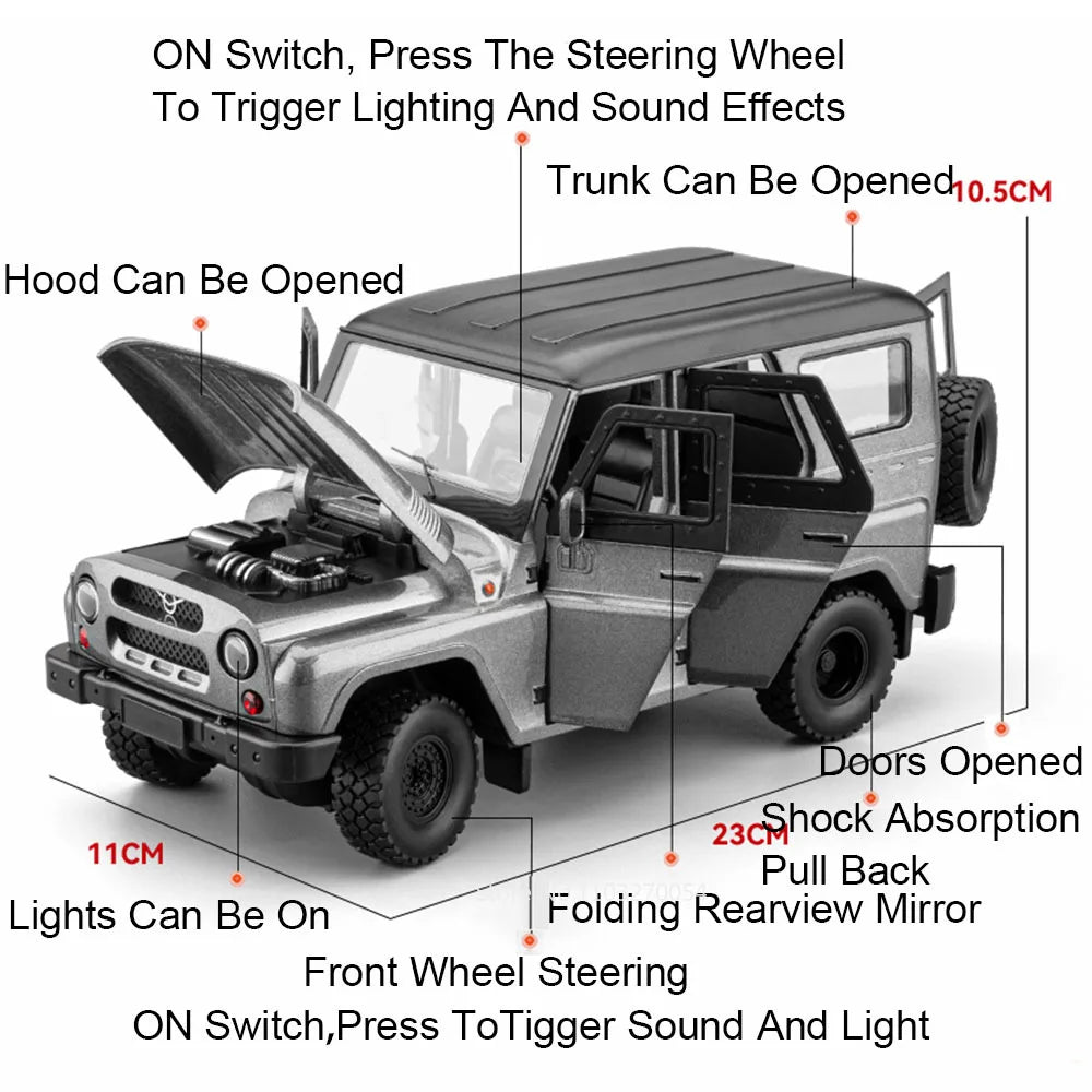 1:18 Russia UAZ Hunter Travelers Alloy Diecast Model Toys Car with Sound Light Pull Back Doors Opened Vehices Boy Christmas Gift