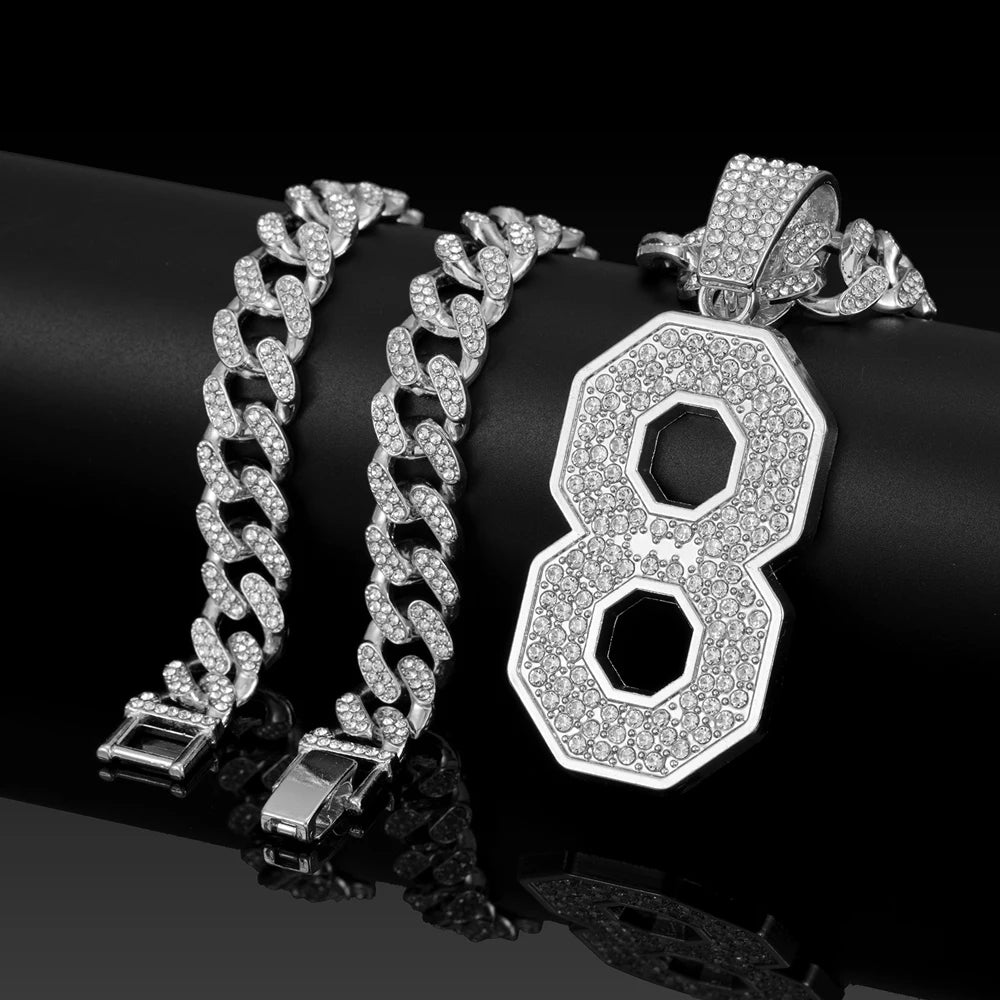 Men's Hip Hop Number 8 Pendant Necklace With 13mm Crystal Cuban Chain Luxury Lucky Number Necklaces for Men Jewelry Gift for Him