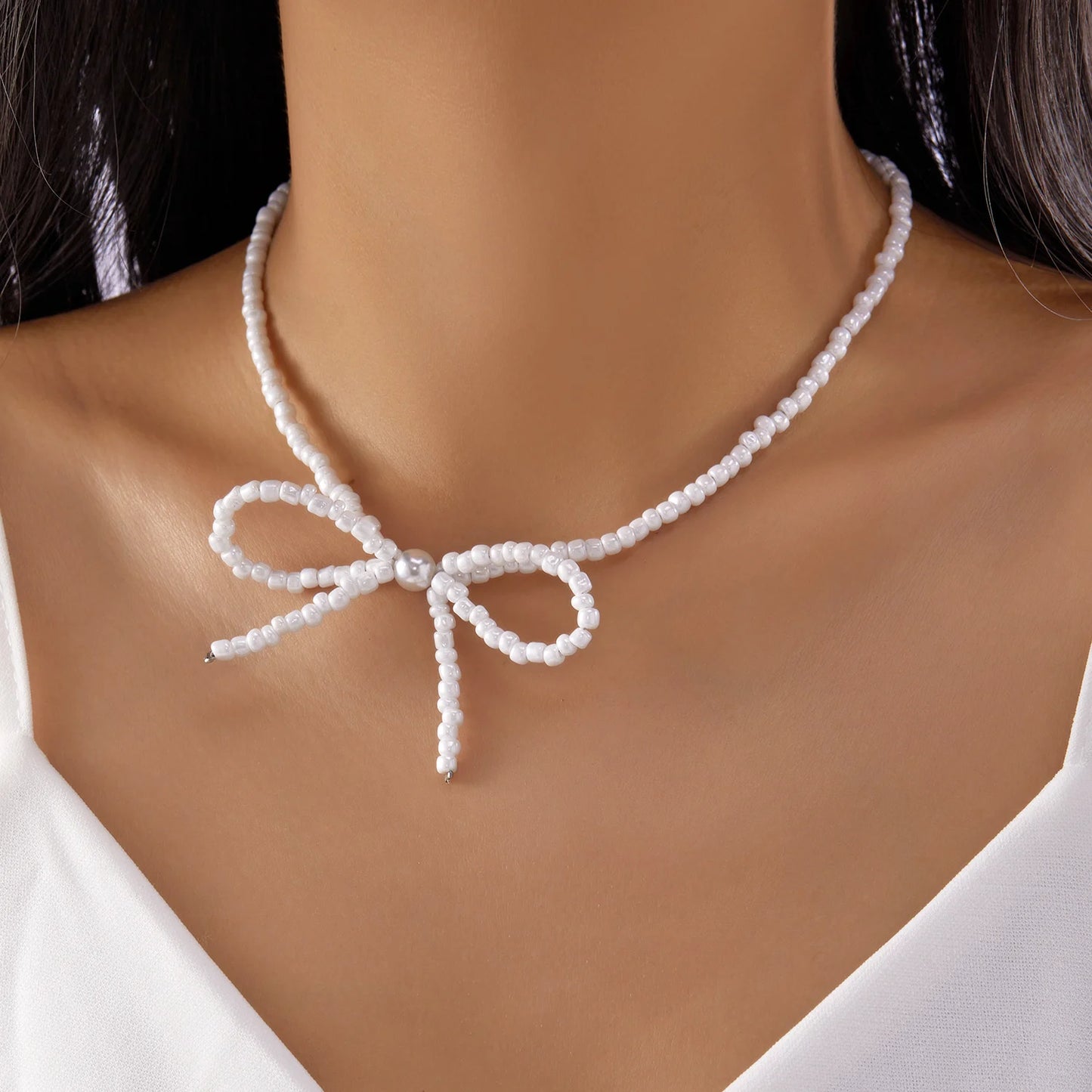 Elegant Fashion Bowknot Pearl Choker Necklace for Women Girl Cute Romantic Handmade Colorful Beads Collarbone Chain Jewelry Gift
