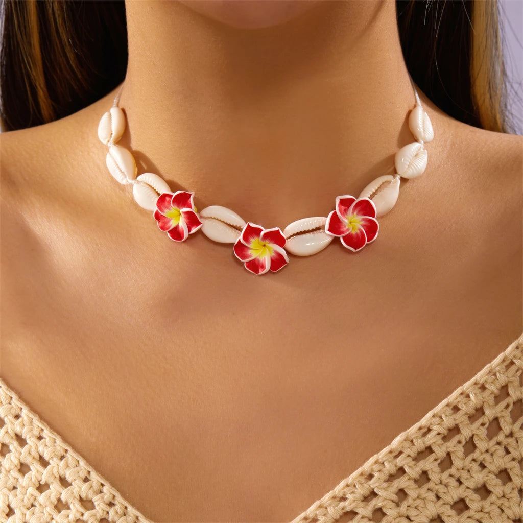 Bohemian Cowrie Shell Necklace Y2K Aesthetic Pink Plumeria Flowers Summer Beach Choker for Women Hawaiian Vacation Jewelry Gift