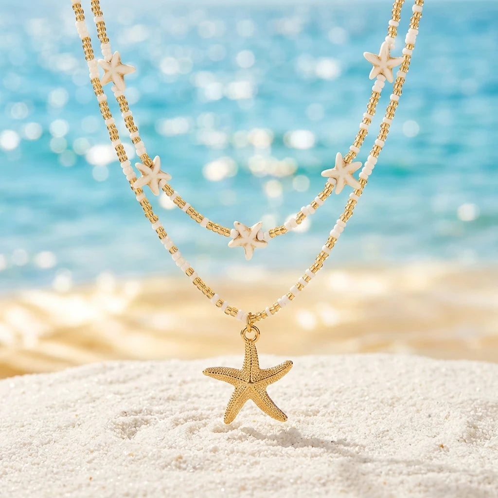 2Pcs/Set Summer Starfish Seed Bead Necklace For Women Bohemian Handmade Colorful Choker Beach