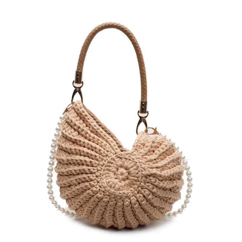 Khaki Conch Shell Knit Crossbody Shoulder Bag Pearl Chain Woven Women Sling Bag