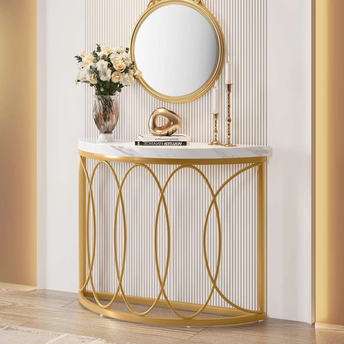 Tribesigns Half Moon Gold Console Table 43" Modern Entryway Table Geometric Fram